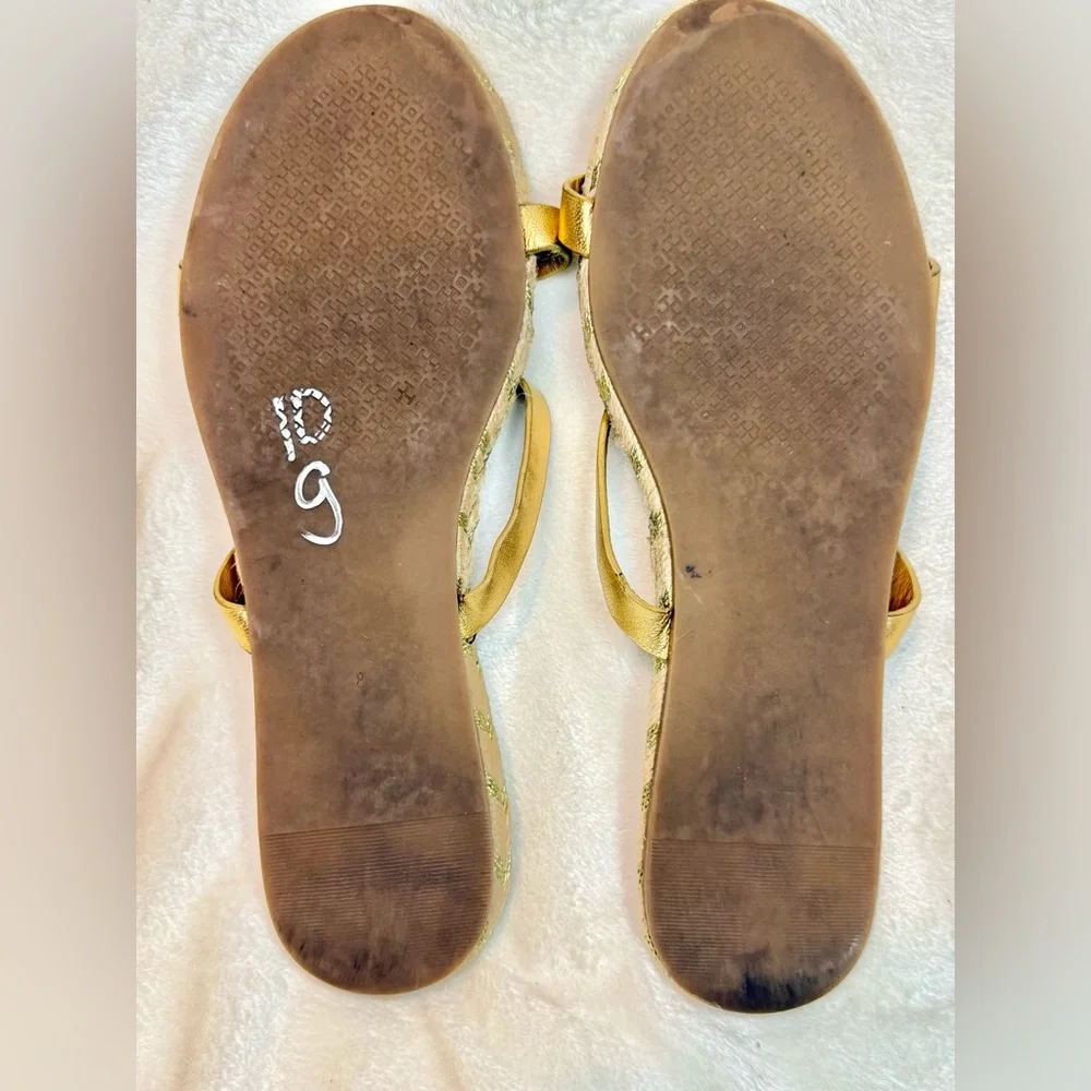 Tory Burch Women's Two-Band Flat Metallic Goat Madras Espadrille‎ Slide Gold 9
